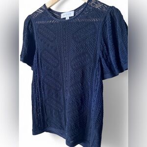 Witchery Women’s Navy Blue Garden Girl Preppy Prep Sheer Puff Sleeve Top Small